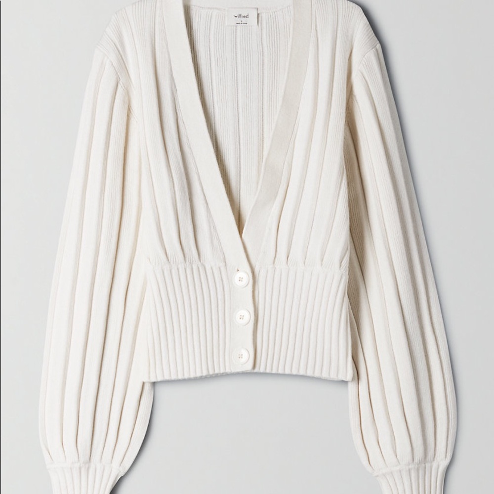 Aritzia x Wilfred Deep Plunge  Cream Ribbed V-Neck Button Cardigan - Picture 5 of 12